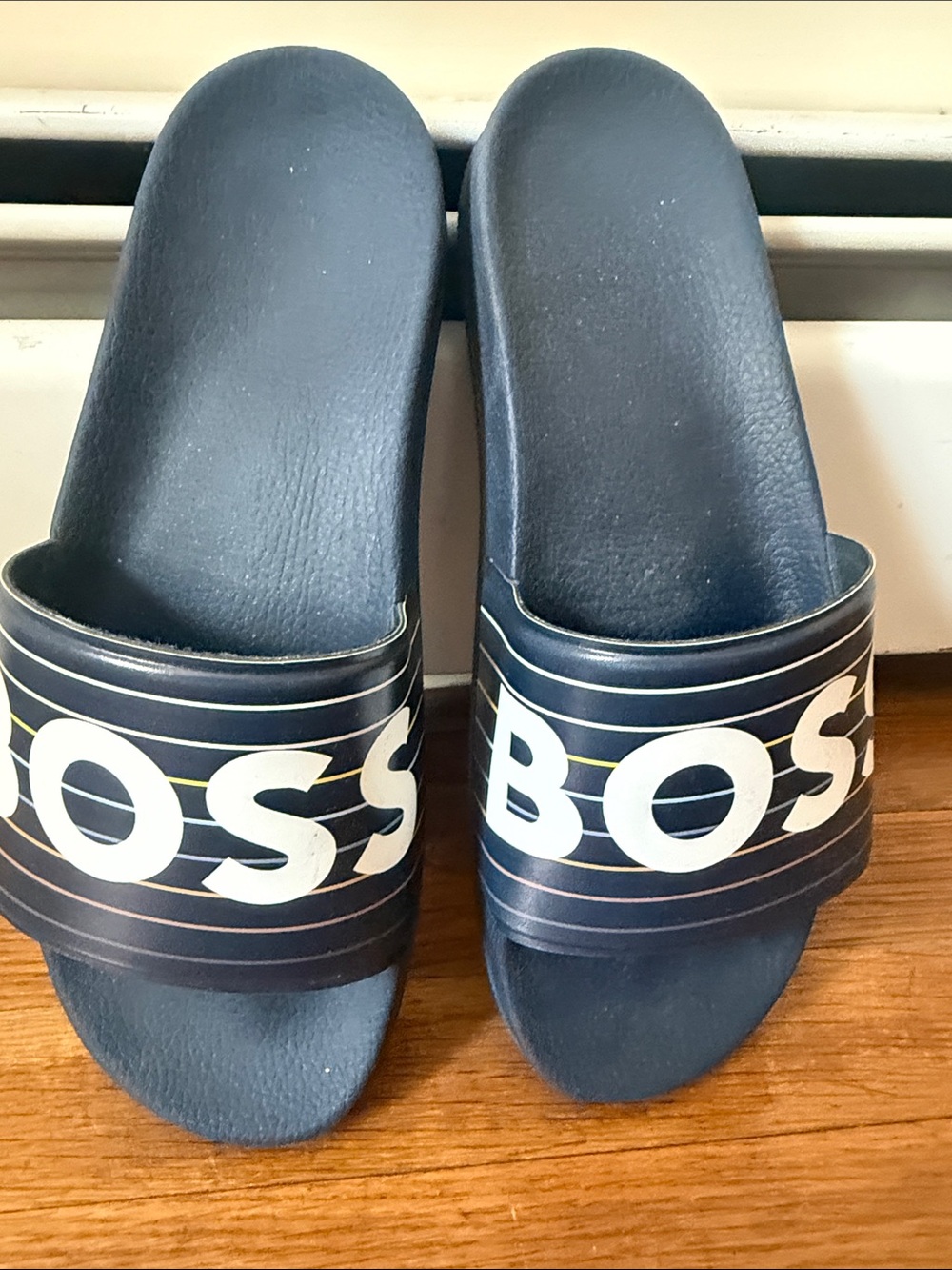 BOSS Navy and White Logo Slide Sandals
